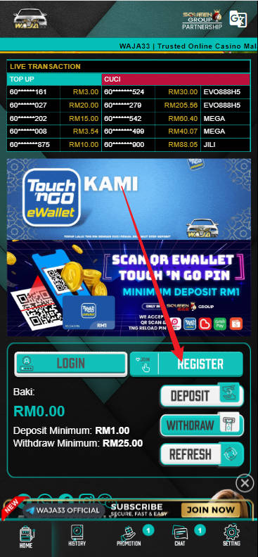 Step 1 - Register at Waja33 Casino RM20 - Part 1