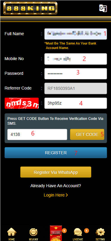 Step 1 - Register at 888Kingmy Casino - Part 2
