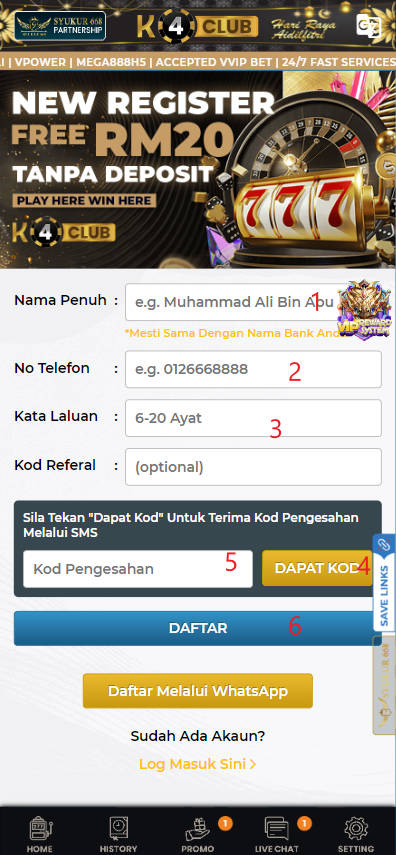 Step 1 - Register at K4CLUB Casino - Part 2