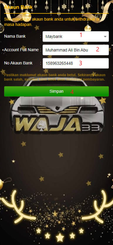 Free Credit Slot - Free Credit No Deposit - Waja33 - RM20 - Step 2 - Add A Bank Account - Part 1