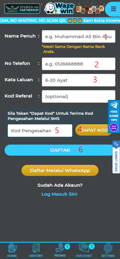 Step 1 - Register at Waze2Win Casino - Part 2