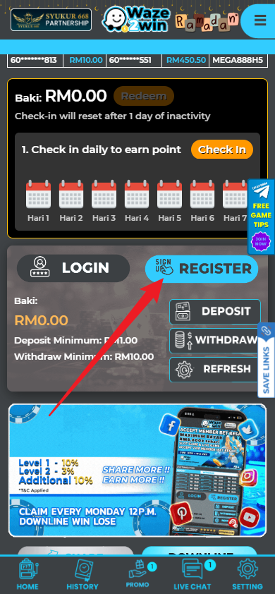 Step 1 - Register at Waze2Win Casino - Part 1