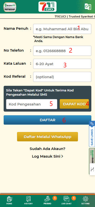 Step 1 - Register at 711Cuci Casino - Free Credit Slot - Part 2